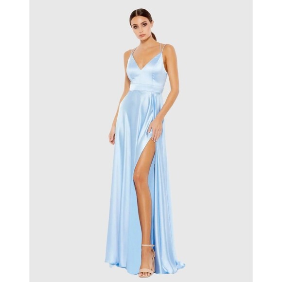 Ieena for Mac Duggal Dress Women's 6 Baby Blue Strappy-Back Satin Slit Gown - Picture 1 of 9